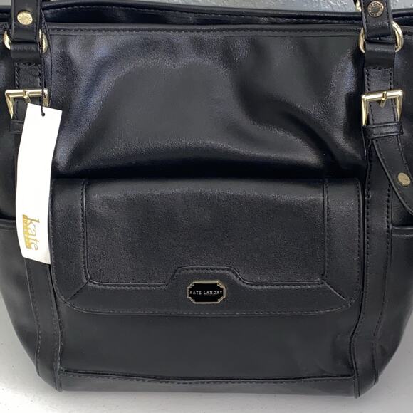 KATE LANDRY Black Faux Leather Large Shoulder Bag Tote Purse Handbag NEW NWT - Picture 2 of 11